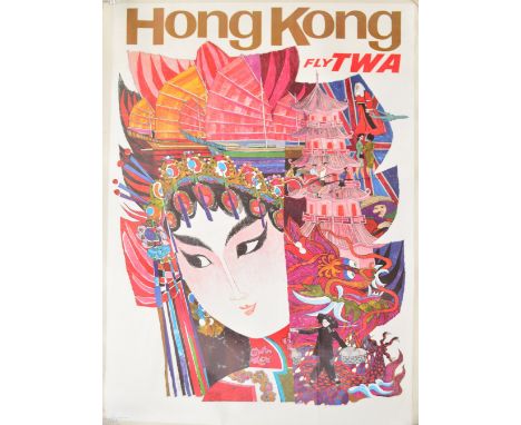 DAVID KLEIN (1918-2005); a large poster lithograph in colours "Hong Kong, Fly TWA", 101 x 63.5cm, linen backed and rolled.
