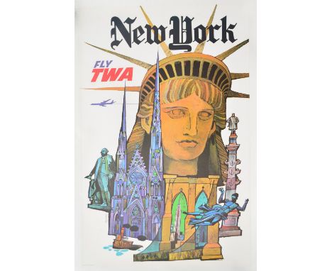 DAVID KLEIN (1918-2005); a large poster lithograph in colours "New York, Fly TWA", produced c.1968, 100 x 64cm, linen backed 