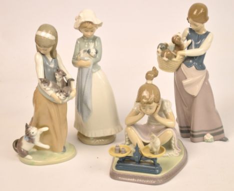 Three Lladro figures; girl with kittens, girl holding puppies in a basket and seated girl with a cat, also a Nao figure of a 