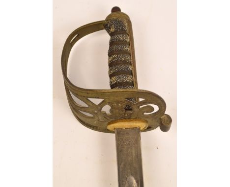 A George V officer's dress sword with shagreen and wire grip, pierced knuckle guard and etched blade inscribed "Fenton Brothe