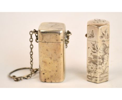 A Victorian hallmarked silver hexagonal scent bottle with engraved decoration depicting birds amongst pond weeds, with glass 