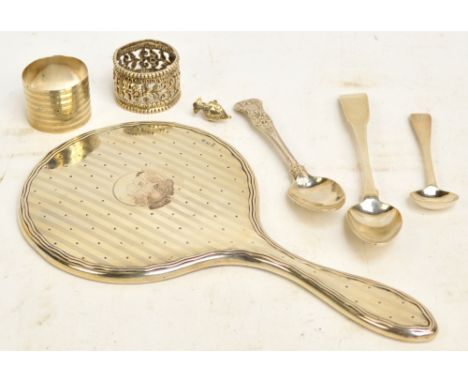 A msall quantity of silver items comprising a George III fiddle pattern spoon with monogrammed finial, possibly John Daly, Du