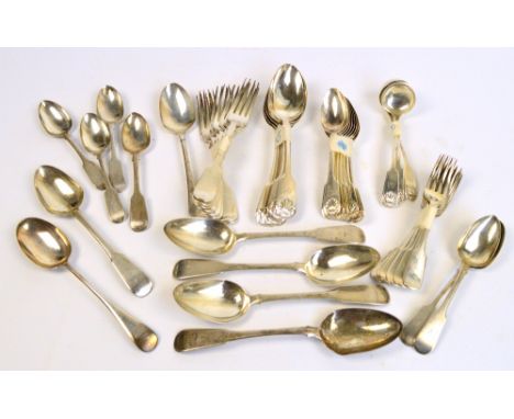 A quantity of predominantly Scottish hallmarked silver fiddle pattern flatware including a set of nine scallop decorated dess