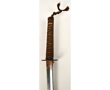 An early 20th century Japanese katana with pierced iron tsuba and leather covered scabbard, the hand forged blade signed unde