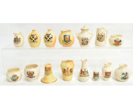 A collection of Locke & Co. Worcester blush ivory and white crested ware miniatures including a Welsh hat, a thimble, a twin 