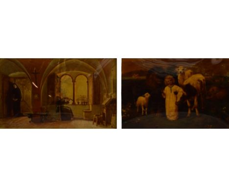 A Victorian crystoleum depicting a child amongst various animals with coastal landscape in the background (after William Stru