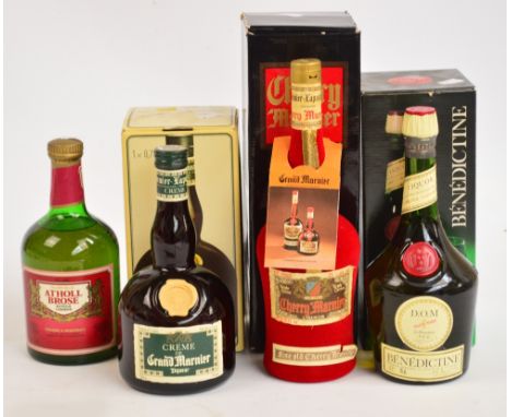 A boxed single bottle of Creme de Grand Marnier, a boxed single bottle of Benedictine, a boxed single bottle of Cherry Marnie