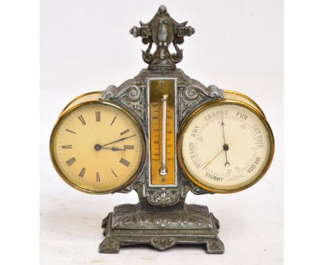 An unusual late 19th century spelter and brass combination timepiece barometer and thermometer, the shaped case centred with 