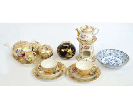 A Nymphenburg tea for two on a tray with gilt striped floral design, a Continental small teapot and stand with gilt rim and p