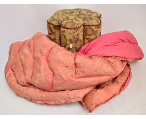 A vintage feather eiderdown and a stool with tapestry seat decorated with floral motifs (2).