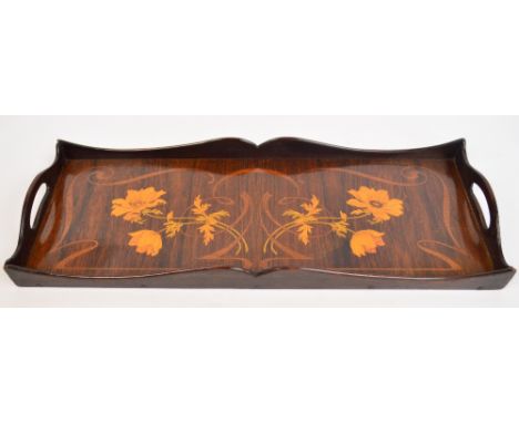 An Art Nouveau rosewood twin handled rectangular tray inlaid with stylised floral motif, 24 x 64cm.