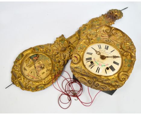 An unusual late 19th century French wall clock, the painted embossed brass frame centred with painted dial inscribed "A. Gogu