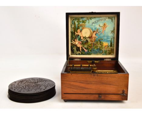 A small walnut cased late 19th century polyphon, the hinged lid revealing a 9cm comb with plaque inscribed "Douglas & Co, 7 S