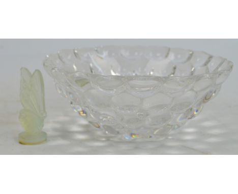 An Orrefors bubble effect clear glass bowl, signed to base, diameter 19cm, and a small Sabino opalescent glass butterfly figu