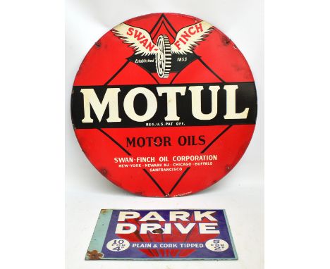 A vintage enamelled Swan Python Finch "Motul" Motor Oils enamelled sign, diameter 69cm and a vintage double sided enamel Park