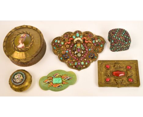 An early 20th century French circular brass trinket box set with transfer decorated porcelain plaque, an enamel decorated Chi