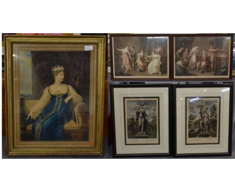 A pair of 19th century coloured engravings of statues from the gardens of the Palace of Versailles; two coloured prints of sc