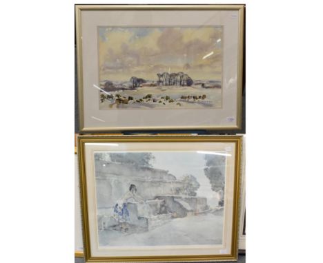 Angus D. Rands (1922-1985) Snowscape, signed, watercolour, 36.5cm by 55cm; together with After Sir William Russell Flint, sig