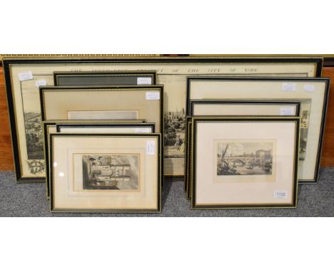 Ten 19th century coloured and black and white engravings of views from York by engravers such as J Wesley; T Owen; J Shury; a