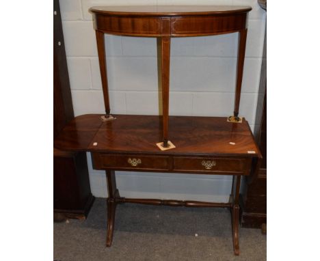 A William IV style sofa table, raised on outswept and channeled legs, united by a turned stretcher; together with an Edwardia