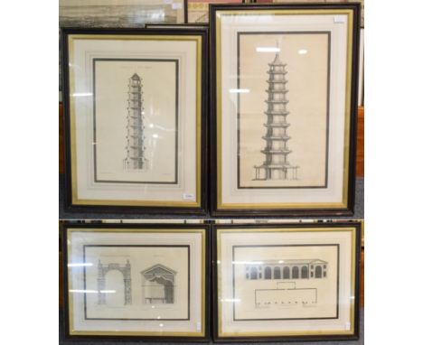 A group of four 19th century architectural engravings, original drawings by W. Chambers, architect, The Great Pagoda, Kew Gar