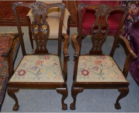 Pair of mahogany tapestry seat Chippendale style armchairs