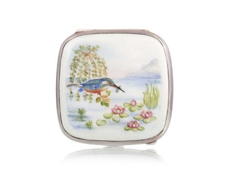 GEORGE VI SILVER AND ENAMEL COMPACT, BIRMINGHAM 1948 of square form, the hinged cover painted with a kingfisher with fish in 