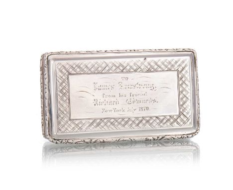 VICTORIAN SILVER SNUFF BOX, FRANCIS CLARK, BIRMINGHAM 1843 with cast rim and engine turned detail, engraved To James Armstron