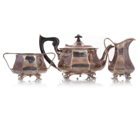 GEORGE VI SILVER FOUR PIECE TEA SERVICE, EMILE VINER, SHEFFIELD 1937 in the Art Nouveau taste with stylised handles and cast 