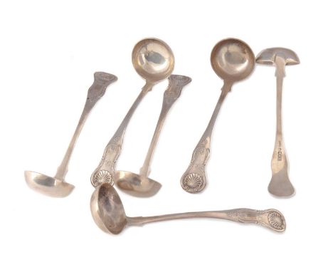 SET OF SIX GEORGE IV SCOTTISH SILVER TODDY LADLES, R. & T., GLASGOW 1826 Fiddle, Thread &amp; Shell pattern, all with initial