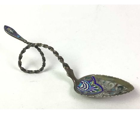 MARIUS HAMMER, GOOD NORWEGIAN SILVER AND PLIQUE-A-JOUR ENAMEL CADDY SPOON, LATE 19TH / EARLY 20TH CENTURY with twist loop han