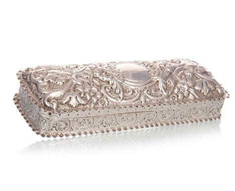 VICTORIAN SILVER SNUFF BOX, COLEN HEWER CHESHIRE, BIRMINGHAM 1897 of oblong form with crimped borders, the hinged cover embos