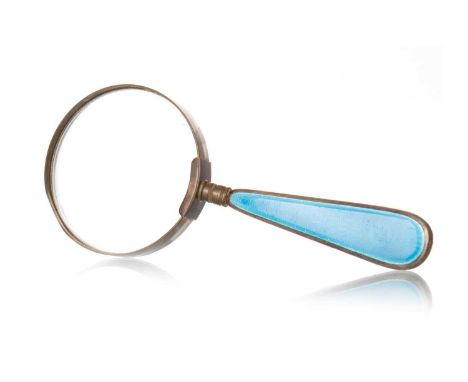 GEORGE V SILVER AND GUILLOCHE ENAMEL MAGNIFYING GLASS, P.W.G., LONDON 1928 with circular lens, the enamel in powder blue18cm 