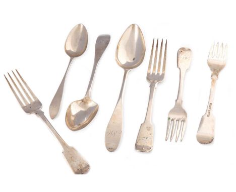 SET OF FOUR SCOTTISH PROVINCIAL SILVER TABLE FORKS, ROBERT AND ROBERY KEAYS, PERTH fiddle pattern engraved initials to termin