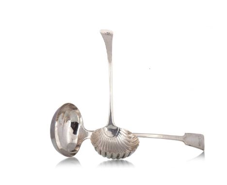 SILVER PLATED OLD ENGLISH PATTERN SOUP LADLE, ELKINGTON & CO. engraved armorial scallop bowl, along with a silver plated fidd