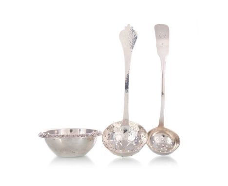 TWO SILVER SIFTING SPOONS, AND A SILVER BOWL one spoon with London marks, the other by David Manson, Dundee, the bowl with a 