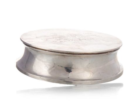 INTERESTING AND LARGE GEORGE V SILVER INKWELL, C.J. VANDER, LONDON 1923 of waisted circular form, the hinged cover inscribed 