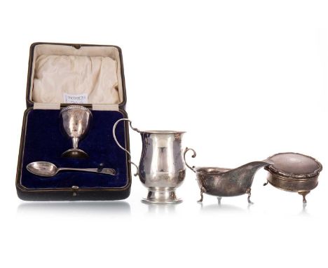 SILVER CHRISTENING MUG, ALONG WITH A SAUCEBOAT, TRINKET BOX AND EGG CUP WITH SPOON the mug with Birmingham marks for 1921, th