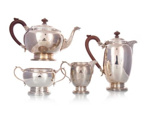 GEORGE VI CELTIC REVIVAL SILVER FOUR PIECE TEA SERVICE, EDWARD & SON, BIRMINGHAM 1941 comprising teapot, coffee pot, sugar bo