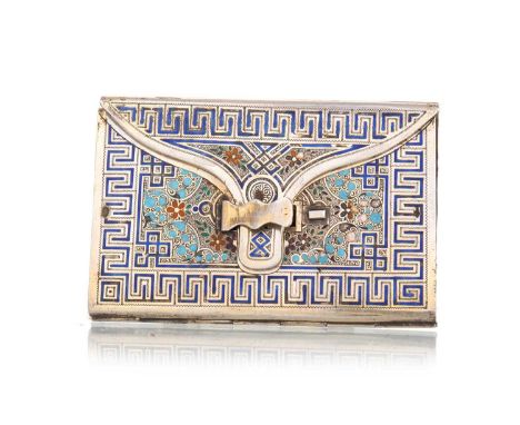 FRENCH SILVER AND ENAMEL CARD CASE, LIKELY PARIS, 19TH CENTURY with foliate decoration with a key fret border, engine turned 