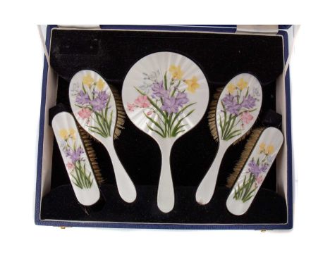 SILVER AND GUILLOCHE ENAMEL FIVE PIECE DRESSING TABLE SET, T.P., LONDON 1959 comprising a pair of clothes brushes and hair br