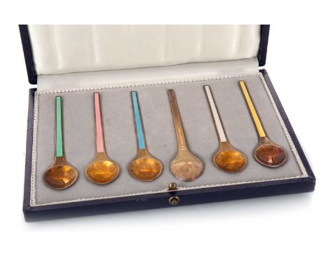 SET OF SIX DANISH SILVER GILT AND ENAMEL COFFEE SPOONS, EGON LAURIDSEN, MID-20TH CENTURY in a fitted case9.2cm longCondition 