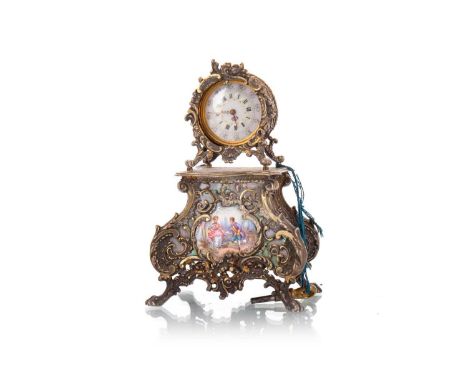 VICTORIAN SILVER AND PARCEL GILT BOUDIOUR TIMEPIECE, IMPORTED BY EDWARD THOMPSON BRYANT, LONDON MARKS of Rococo design, the w