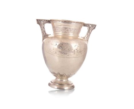 EDWARDIAN SILVER TROPHY CUP, JAMES REID, GLASGOW 1908 the twin-handles decorated with Celtic dragons, the neck with bands of 