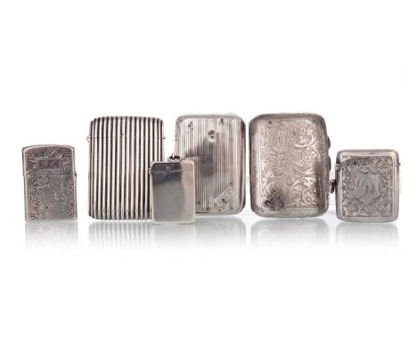 VICTORIAN SILVER CARD CASE, WITH TWO FURTHER CASES AND THREE VESTAS the first with ribbed design by Walter &amp; George Myers