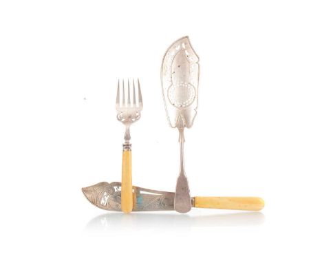 PAIR OF VICTORIAN SILVER BLADED FISH SERVERS, WILLIAM HUTTON & SONS, LONDON 1885 with pierced and engraved blade and prongs, 
