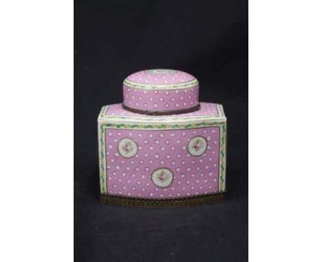 A 19th Century Coalport ceramic tea caddy with professional repair to the neck (hidden by the lid), with decorative metal ban