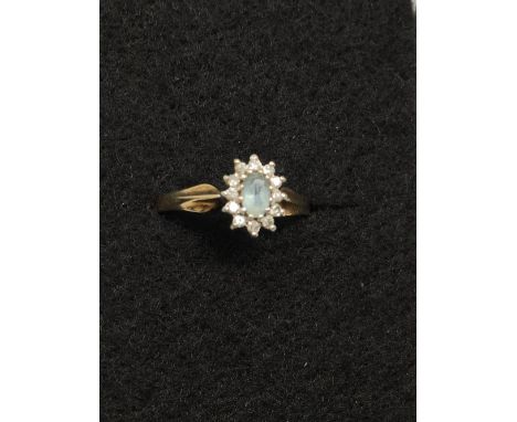 A 9ct gold diamond and aquamarine dress ring, the centre stone surrounded by 12 diamonds. Size N. Approximate total weight 1.