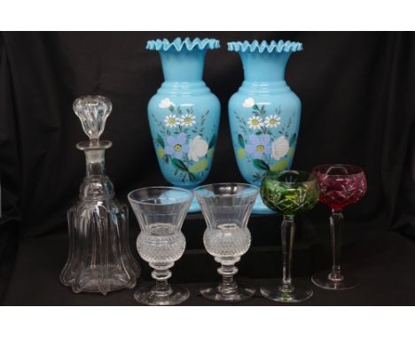 A pair of Victorian blue opaline vases decorated with flowers, a pair of thistle pedestal cut glass vases, an assortment of d