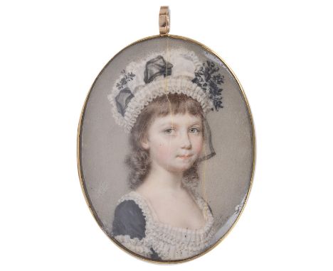 ˜A PORTRAIT MINIATURE OF A YOUNG GIRL, BY JOHN SMART (1740-1811), 1781 with brown hair, wearing a muslin cap trimmed with bla